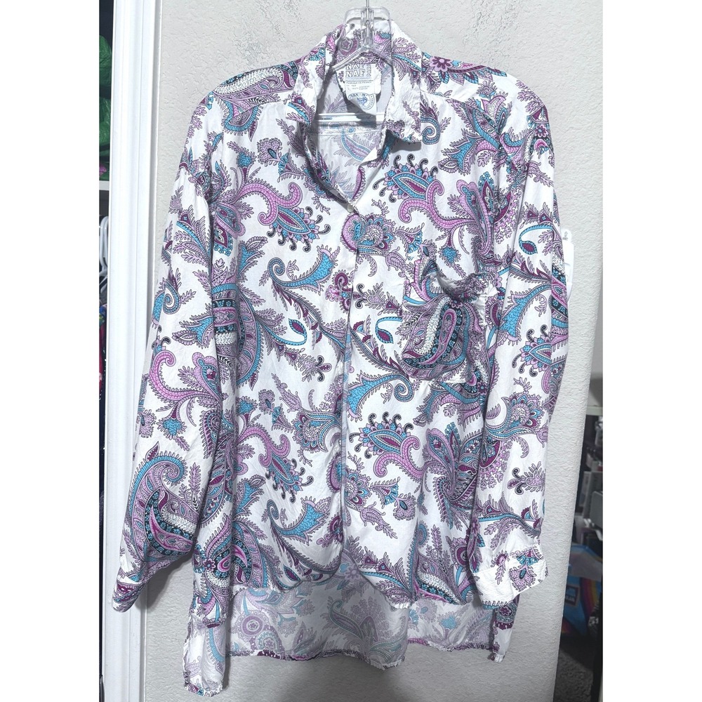 Naf Naf Paris Vintage Paisley button up Shirt sz XL White Purple Blue 90s